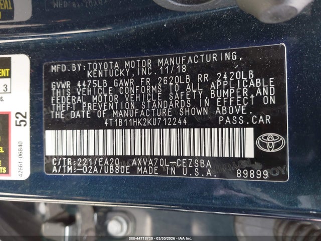 4T1B11HK2KU712244 Toyota CAMRY SE