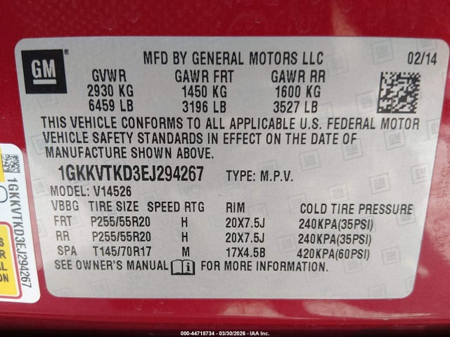 44718734 :رقم المزاد ، 1GKKVTKD3EJ294267 vin ، 2014 Gmc Acadia Denali مزاد بيع