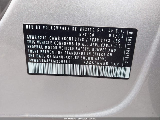 Продажа на аукционе авто 2014 Volkswagen Jetta 1.8t Se, vin: 3VWB17AJ5EM206261, номер лота: 44718743