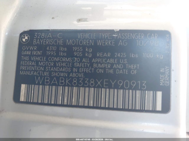 44718749 :رقم المزاد ، WBABK8338XEY90913 vin ، 1999 Bmw 328ic مزاد بيع