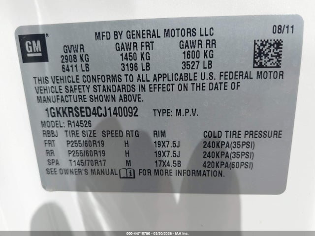 Aukcja sprzedaży 2012 Gmc Acadia Slt-2, vin: 1GKKRSED4CJ140092, numer aukcji: 44718750