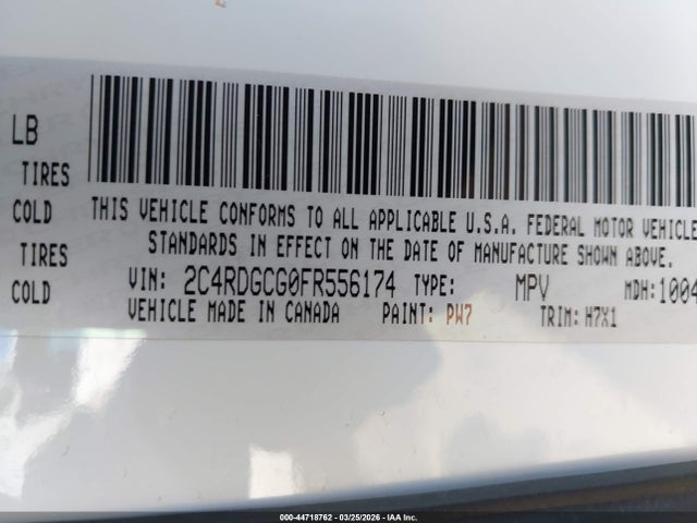 44718762 :رقم المزاد ، 2C4RDGCG0FR556174 vin ، 2015 Dodge Grand Caravan Sxt مزاد بيع