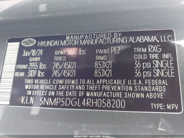 44718767 :رقم المزاد ، 5NMP5DGL4RH058200 vin ، 2024 Hyundai Santa Fe Calligraphy مزاد بيع