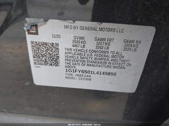 Aukcja sprzedaży 2020 Chevrolet Bolt Ev Fwd Lt, vin: 1G1FY6S01L4145850, numer aukcji: 44718774