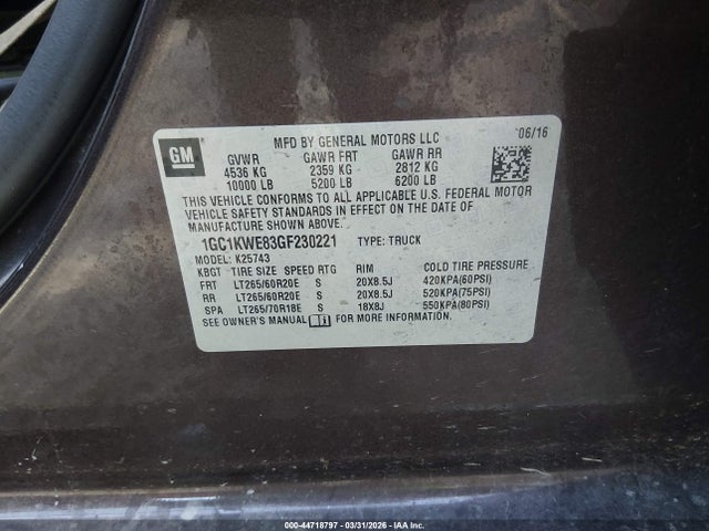 Aukcja sprzedaży 2016 Chevrolet Silverado 2500hd Ltz, vin: 1GC1KWE83GF230221, numer aukcji: 44718797