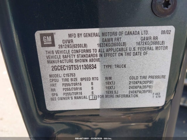 Aukcja sprzedaży 2003 Chevrolet Silverado 1500 Ls, vin: 2GCEC19T531130834, numer aukcji: 44718851
