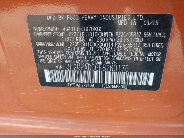 Продаж на аукціоні авто 2015 Subaru Xv Crosstrek 2.0i Premium, vin: JF2GPADC6F8260175, номер лоту: 44718857