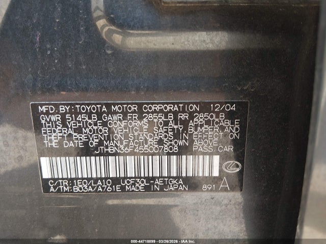 44718899 :رقم المزاد ، JTHBN36F455007808 vin ، 2005 Lexus Ls 430 مزاد بيع