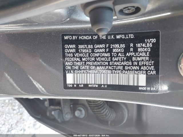 Aukcja sprzedaży 2021 Honda Civic Ex, vin: SHHFK7H69MU208230, numer aukcji: 44718912