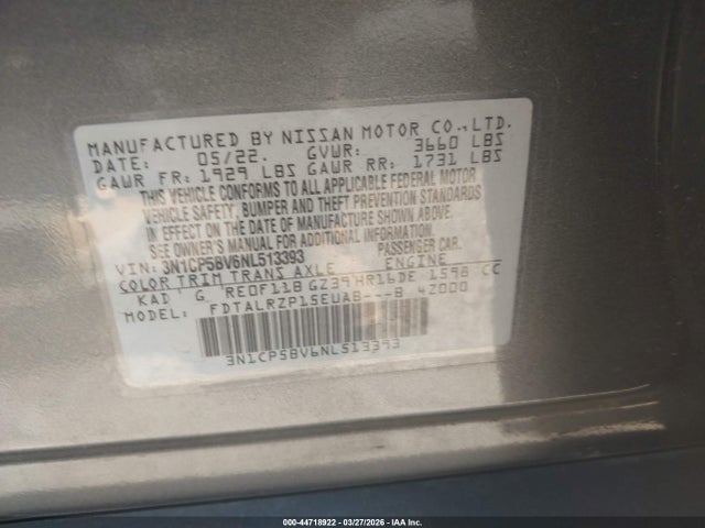 Aukcja sprzedaży 2022 Nissan Kicks S Xtronic Cvt, vin: 3N1CP5BV6NL513393, numer aukcji: 44718922