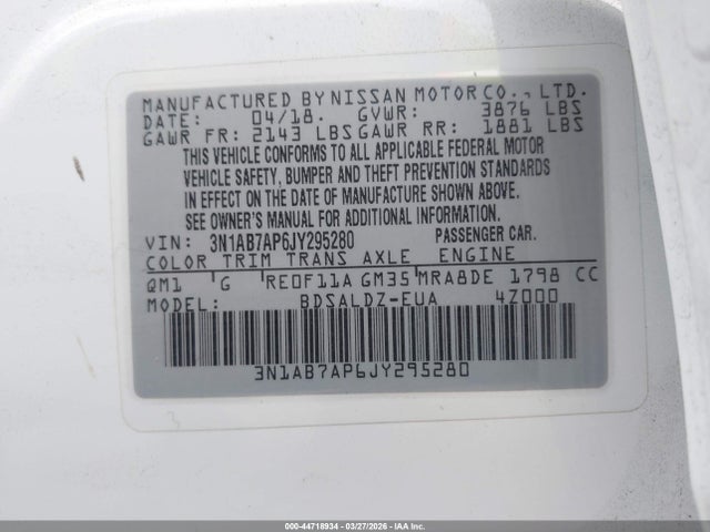 Продаж на аукціоні авто 2018 Nissan Sentra Sv, vin: 3N1AB7AP6JY295280, номер лоту: 44718934