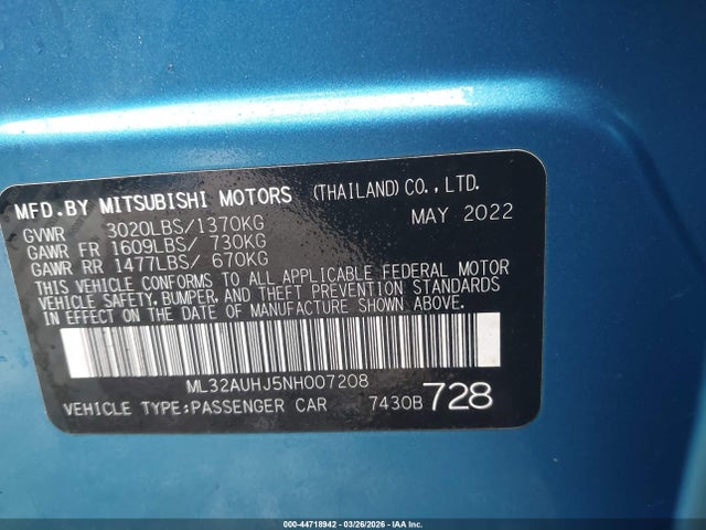 Продаж на аукціоні авто 2022 Mitsubishi Mirage Es/le, vin: ML32AUHJ5NH007208, номер лоту: 44718942