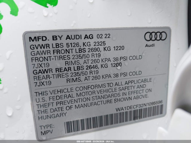 2022 Audi Q3 Premium 45 Tfsi S Line Quattro Tiptronic მანქანა იყიდება აუქციონზე, vin: WA1DECF32N1095596, აუქციონის ნომერი: 44718949