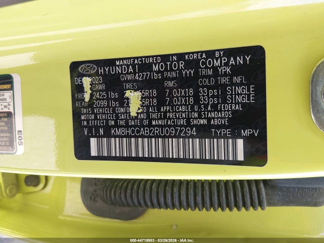 Aukcja sprzedaży 2024 Hyundai Kona Sel, vin: KM8HCCAB2RU097294, numer aukcji: 44718953