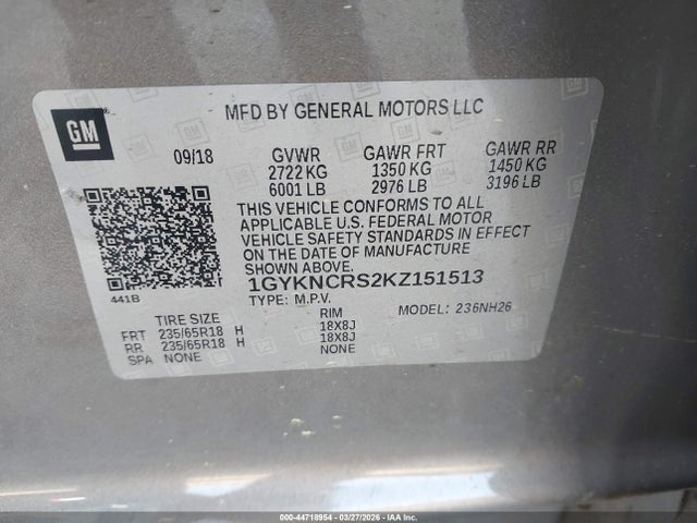 44718954 :رقم المزاد ، 1GYKNCRS2KZ151513 vin ، 2019 Cadillac Xt5 Luxury مزاد بيع