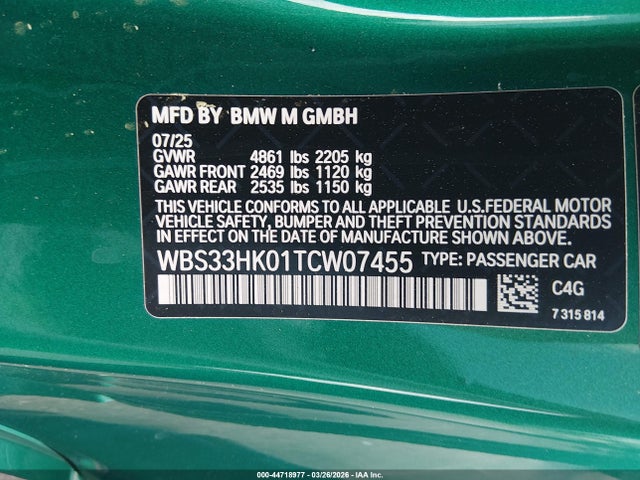 Aukcja sprzedaży 2026 Bmw M4 Competition Xdrive, vin: WBS33HK01TCW07455, numer aukcji: 44718977