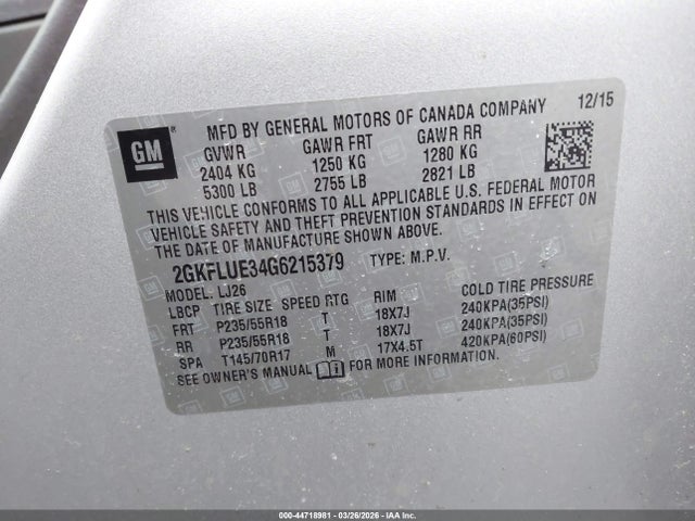 Продаж на аукціоні авто 2016 Gmc Terrain Slt, vin: 2GKFLUE34G6215379, номер лоту: 44718981
