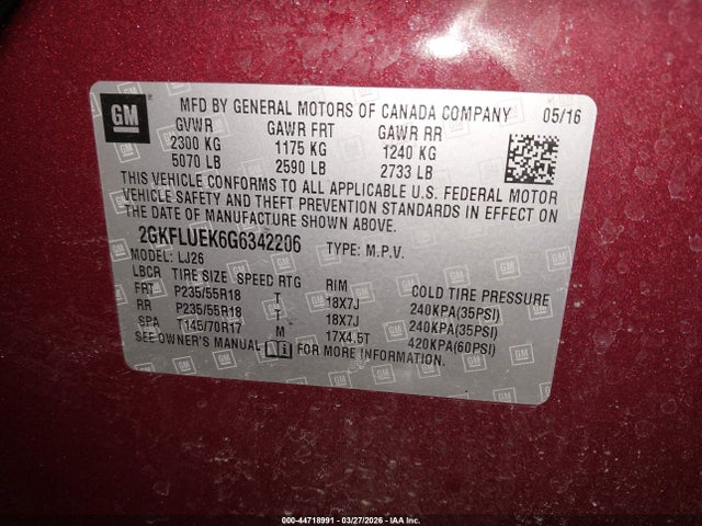 Aukcja sprzedaży 2016 Gmc Terrain Slt, vin: 2GKFLUEK6G6342206, numer aukcji: 44718991