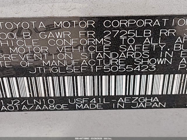 44718992 :رقم المزاد ، JTHGL5EF1F5055423 vin ، 2015 Lexus Ls 460 L مزاد بيع