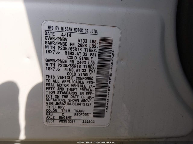 Продажа на аукционе авто 2014 Nissan Murano Le/s/sl/sv, vin: JN8AZ1MU8EW413127, номер лота: 44719012