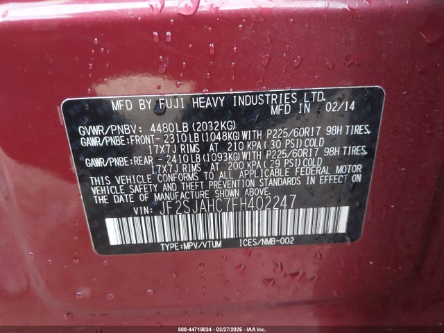44719034 :رقم المزاد ، JF2SJAHC7FH402247 vin ، 2015 Subaru Forester 2.5i Limited مزاد بيع
