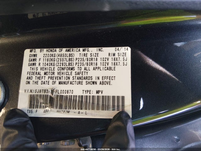 44719036 :رقم المزاد ، 5J8TB3H58FL000670 vin ، 2015 Acura Rdx مزاد بيع