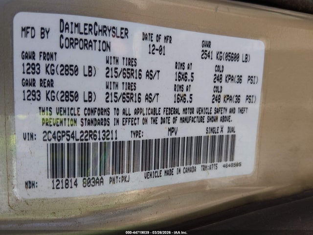 2002 CHRYSLER TOWN & COUNTRY 2C4GP54L22R613211 Photo 8