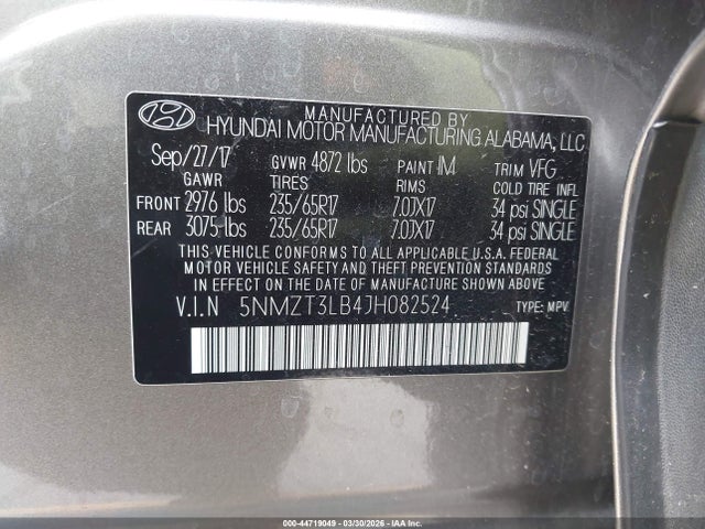 44719049 :رقم المزاد ، 5NMZT3LB4JH082524 vin ، 2018 Hyundai Santa Fe Sport 2.4l مزاد بيع