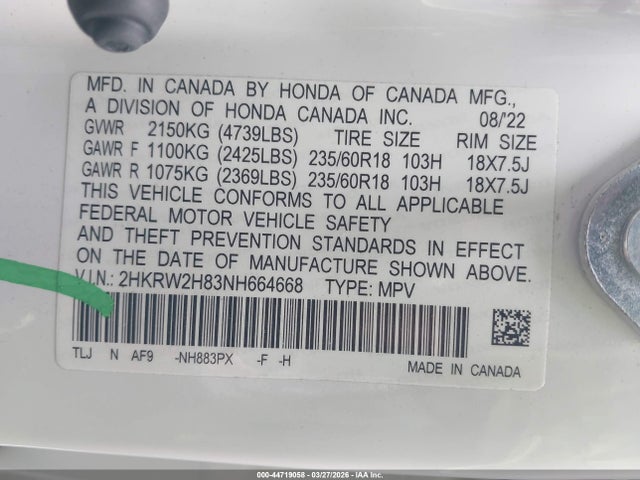 2022 Honda Cr-v Awd Ex-l მანქანა იყიდება აუქციონზე, vin: 2HKRW2H83NH664668, აუქციონის ნომერი: 44719058