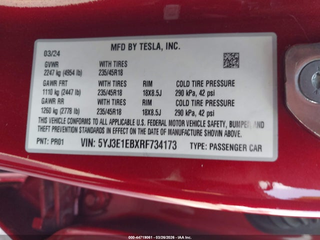 Aukcja sprzedaży 2024 Tesla Model 3 Long Range Dual Motor All-wheel Drive, vin: 5YJ3E1EBXRF734173, numer aukcji: 44719061