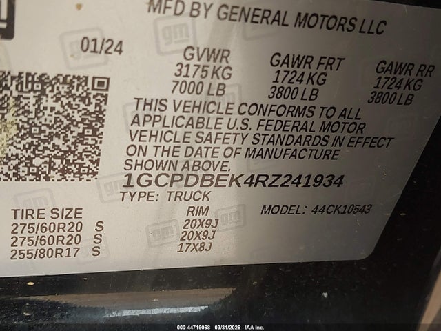 2024 Chevrolet Silverado 1500 4wd  Short Bed Custom მანქანა იყიდება აუქციონზე, vin: 1GCPDBEK4RZ241934, აუქციონის ნომერი: 44719068