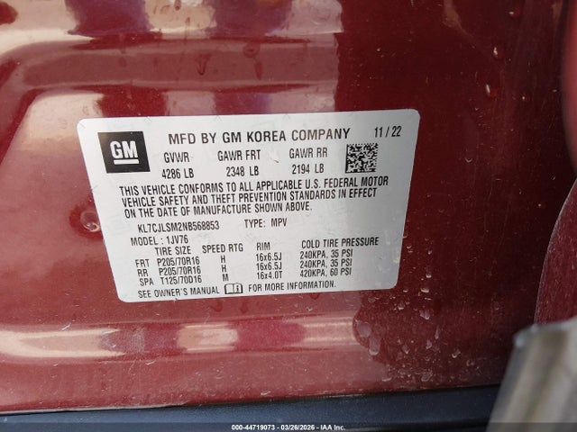 Продаж на аукціоні авто 2022 Chevrolet Trax Fwd Lt, vin: KL7CJLSM2NB568853, номер лоту: 44719073