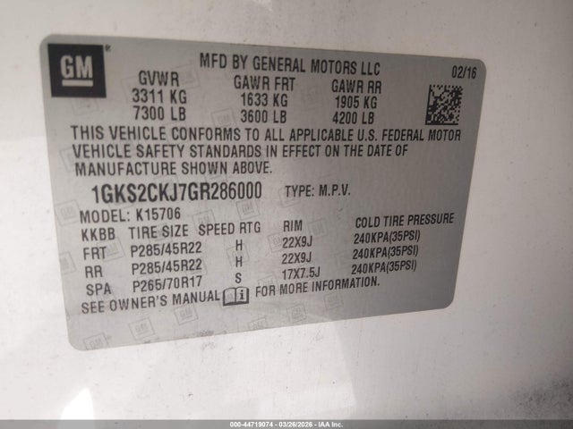 Aukcja sprzedaży 2016 Gmc Yukon Denali, vin: 1GKS2CKJ7GR286000, numer aukcji: 44719074