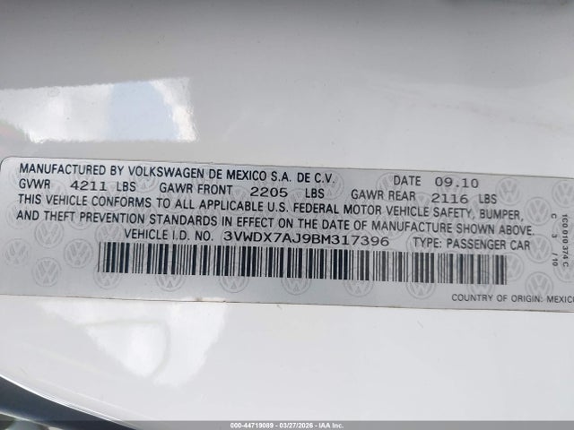 Продажа на аукционе авто 2011 Volkswagen Jetta 2.5l Se, vin: 3VWDX7AJ9BM317396, номер лота: 44719089