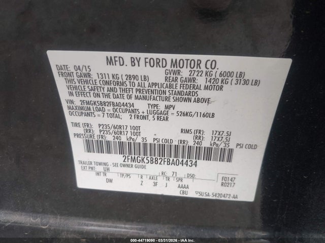 Ford FLEX SE 2015 2FMGK5B82FBA04434 Image 9