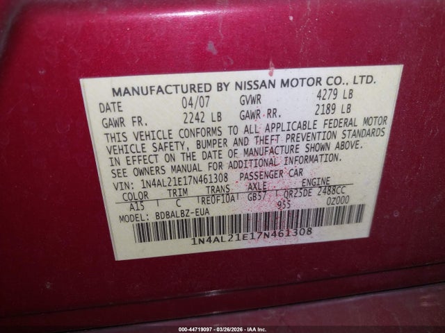 2007 Nissan Altima 2.5 S მანქანა იყიდება აუქციონზე, vin: 1N4AL21E17N461308, აუქციონის ნომერი: 44719097