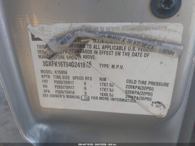 44719105 :رقم المزاد ، 3GKFK16T94G241816 vin ، 2004 Gmc Yukon Xl 1500 Slt مزاد بيع