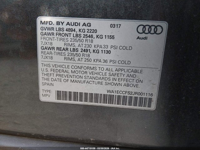 Продажа на аукционе авто 2018 Audi Q3 2.0t Premium/2.0t Sport Premium, vin: WA1ECCFS2JR001116, номер лота: 44719109