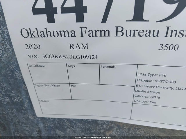 Aukcja sprzedaży 2020 Ram 3500 Tradesman  4x4 8' Box, vin: 3C63RRAL3LG109124, numer aukcji: 44719118