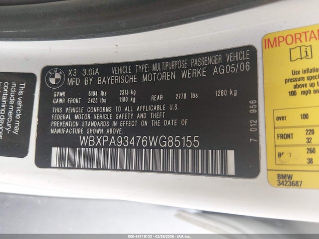 2006 Bmw X3 3.0i მანქანა იყიდება აუქციონზე, vin: WBXPA93476WG85155, აუქციონის ნომერი: 44719132