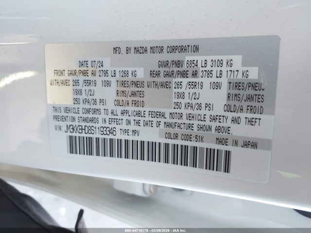 44719178 :رقم المزاد ، JM3KKBHD8S1193346 vin ، 2025 Mazda Cx-90 3.3 Turbo Preferred Package مزاد بيع