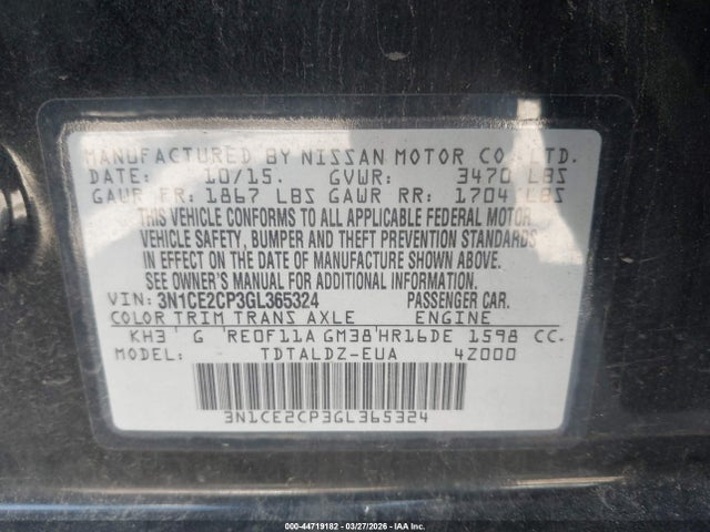 Nissan Versa Note S (sr)/s Plus/sl/sr/sv 2016 3N1CE2CP3GL365324 Image 9