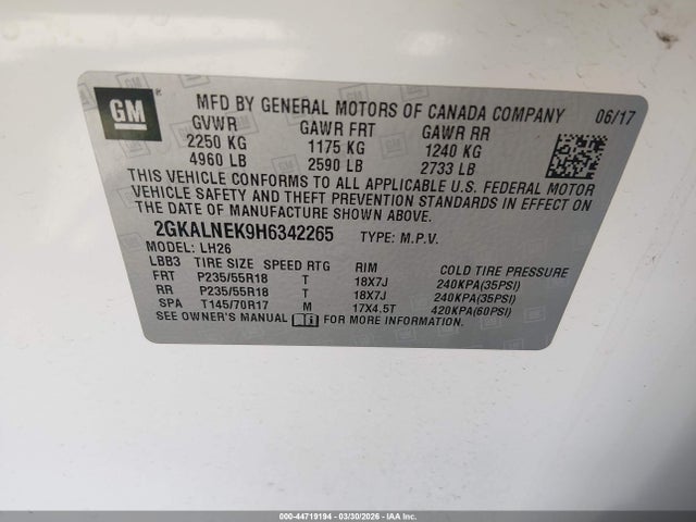 Продаж на аукціоні авто 2017 Gmc Terrain Sle-2, vin: 2GKALNEK9H6342265, номер лоту: 44719194