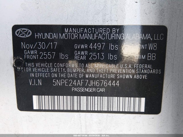 Продаж на аукціоні авто 2018 Hyundai Sonata Se, vin: 5NPE24AF7JH676444, номер лоту: 44719196