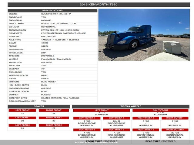 2019 Kenworth T680 მანქანა იყიდება აუქციონზე, vin: 1XKYD49X5KJ220315, აუქციონის ნომერი: 44719201