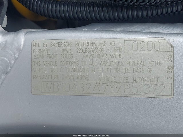 Продаж на аукціоні авто 2000 Bmw R1100 S, vin: WB10432A7YZB51372, номер лоту: 44719203