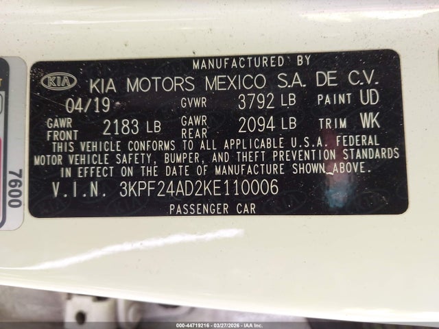 Aukcja sprzedaży 2019 Kia Forte Fe, vin: 3KPF24AD2KE110006, numer aukcji: 44719216