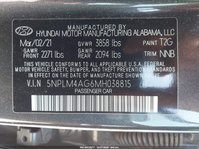 Aukcja sprzedaży 2021 Hyundai Elantra Sel, vin: 5NPLM4AG6MH038815, numer aukcji: 44719217