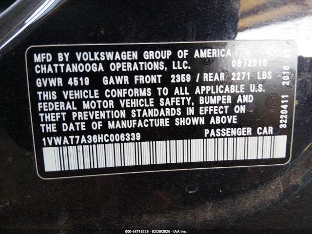 Aukcja sprzedaży 2017 Volkswagen Passat 1.8t S, vin: 1VWAT7A36HC006339, numer aukcji: 44719226