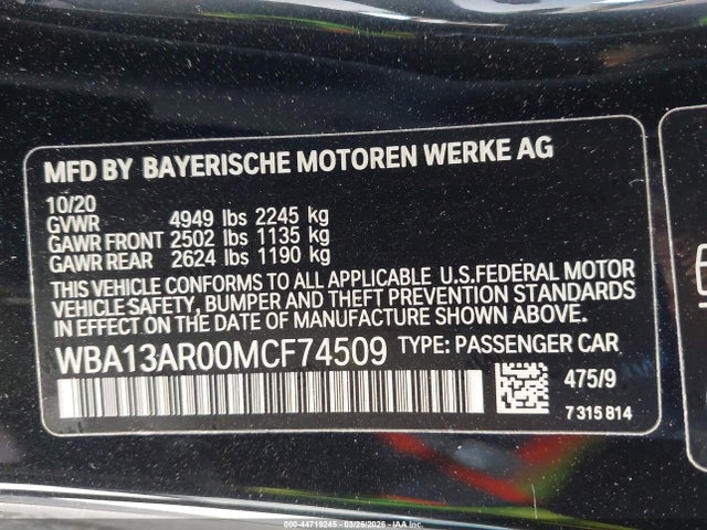 44719245 :رقم المزاد ، WBA13AR00MCF74509 vin ، 2021 Bmw M440i Xdrive مزاد بيع